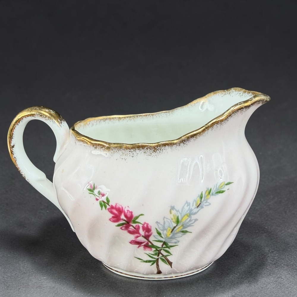 Foley EB 1850 Pink Floral Bone China Creamer Gold Trim Swirl Ribbed‎ England
